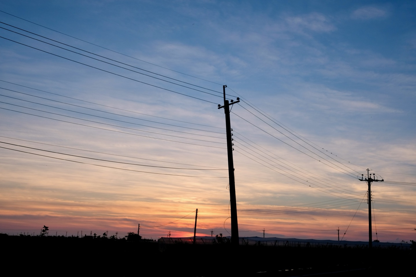 Utility poles silhouetted against a sunset sky